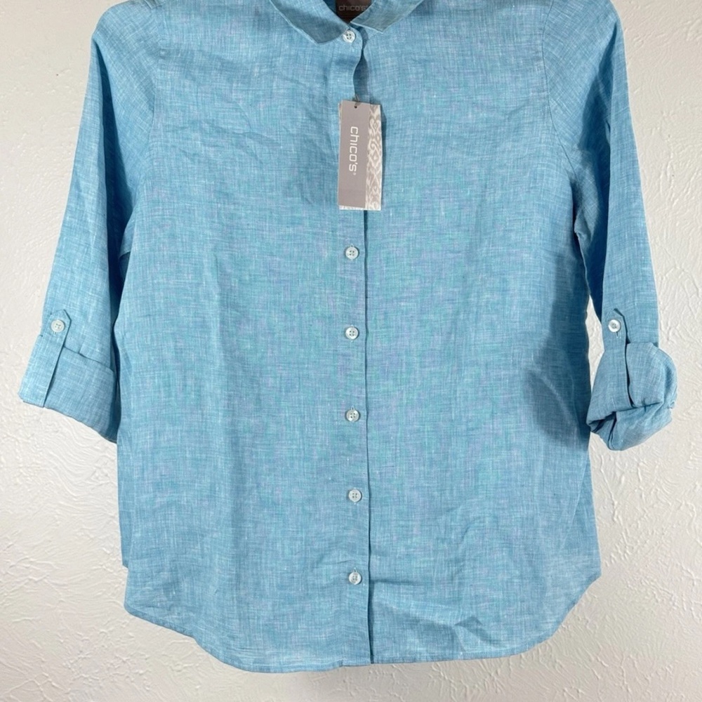 Chico's‎ 1 Linen Turquoise Casual Button Down Shirt